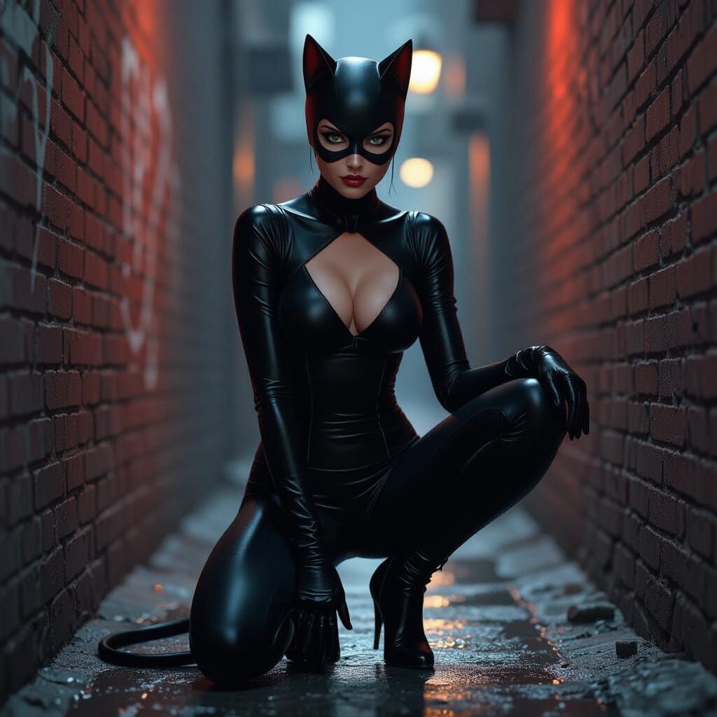 Catwoman in Noir-Futuristic Alleyway, Digital Art