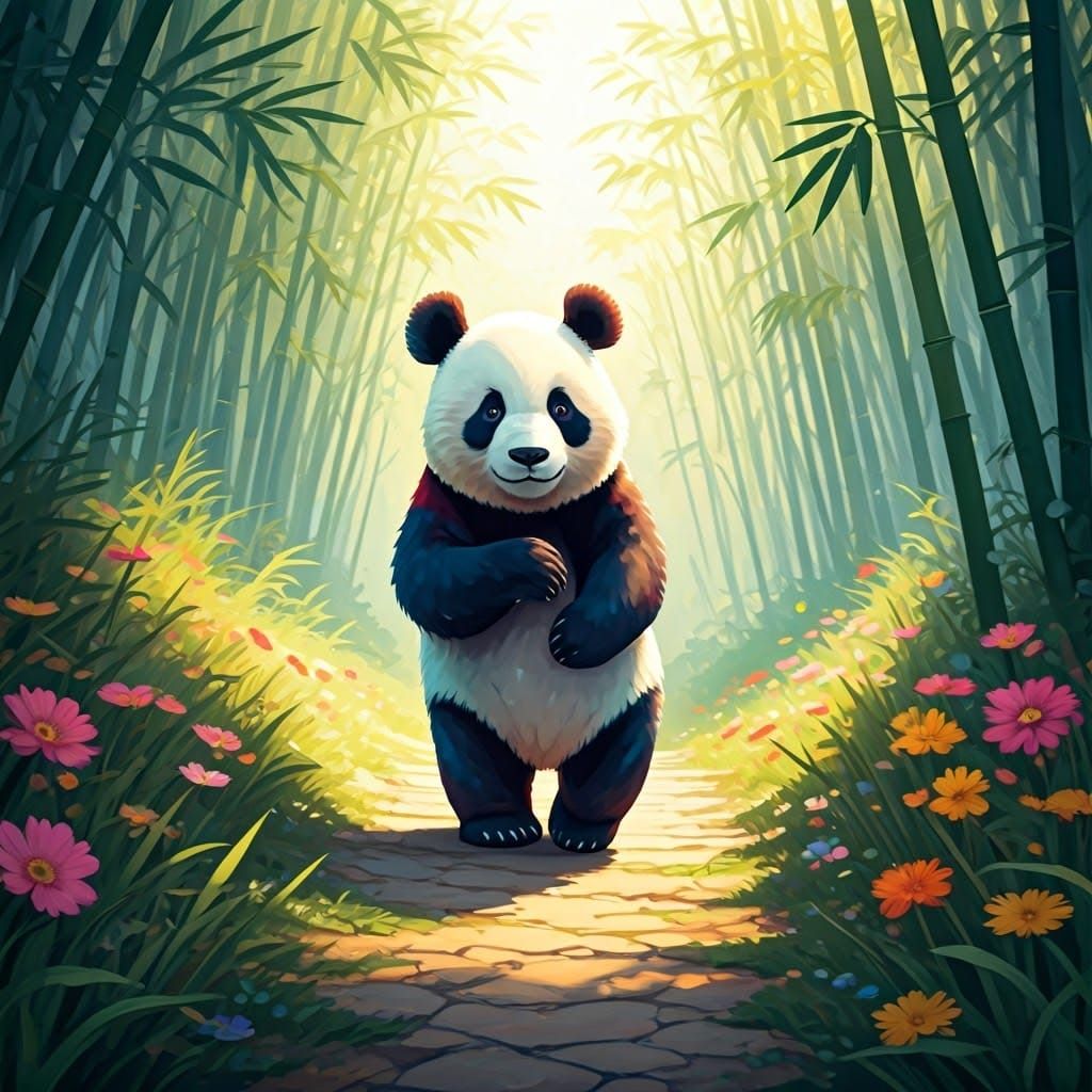 Surreal Panda Strolls in Dreamy Watercolour Forest