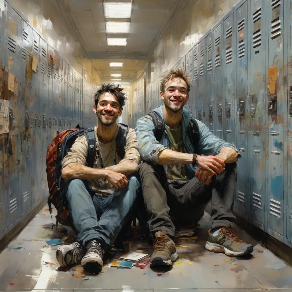 Friends Celebrate in School Hallway: Fine Art Painting
