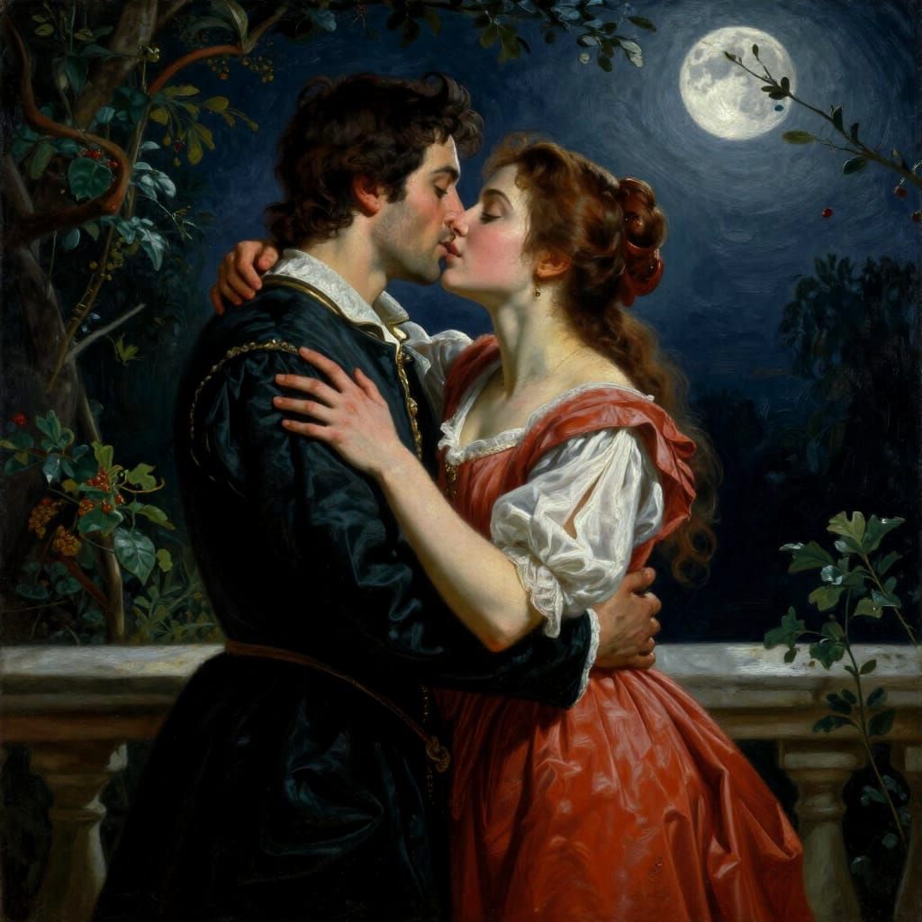 Passionate Romeo and Juliet Embrace on Moonlit Balcony