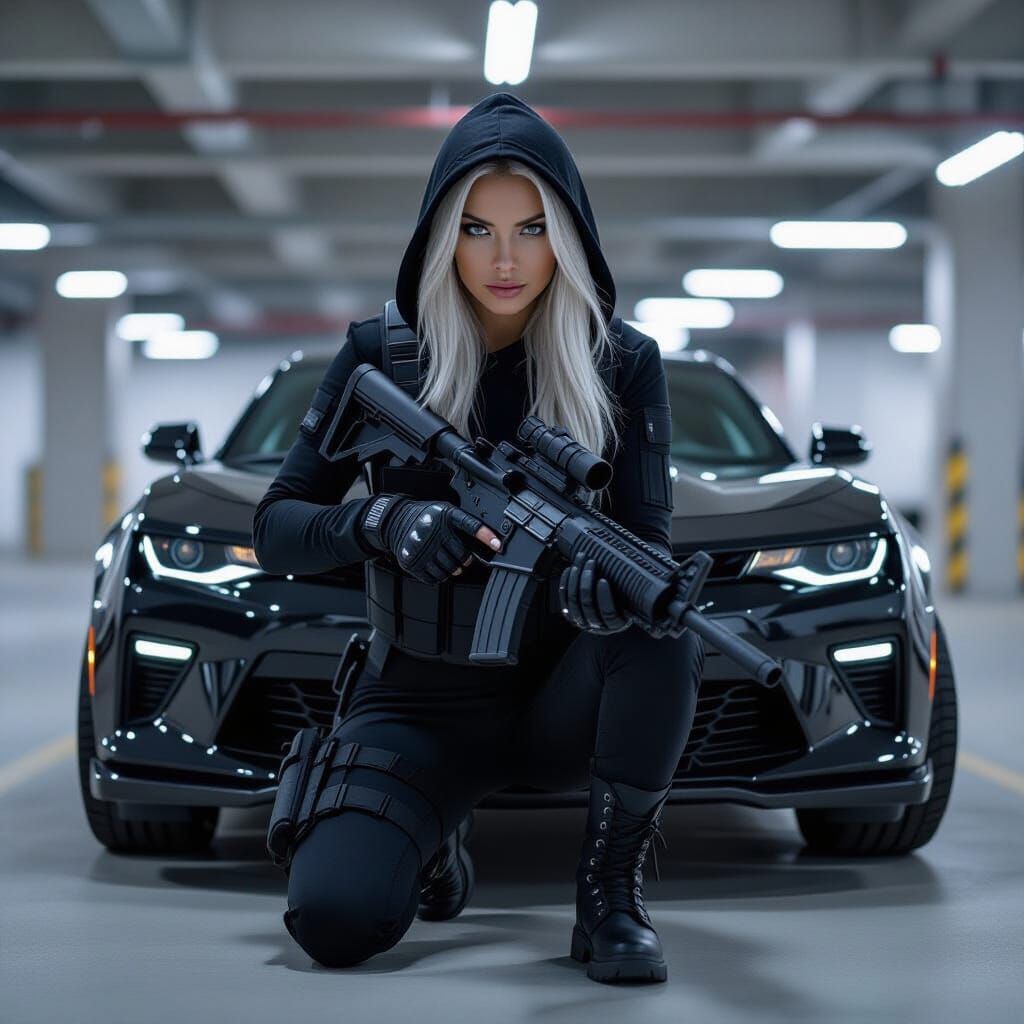 Tactical Woman Slides Over Camaro with Pulse Rifle