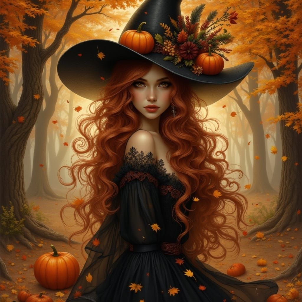 Mysterious Young Witch in Enchanted Autumn Forest