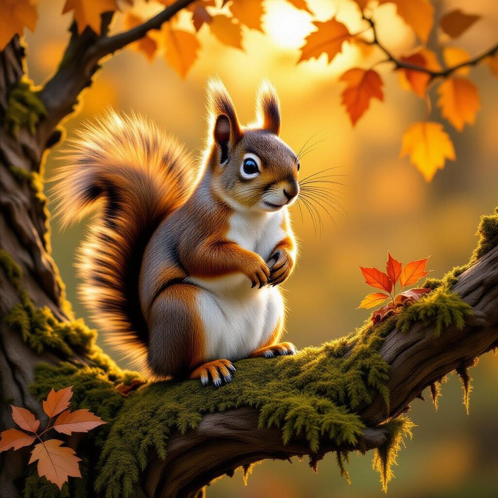 Squirrel in Autumnal Light, Illustrated Style