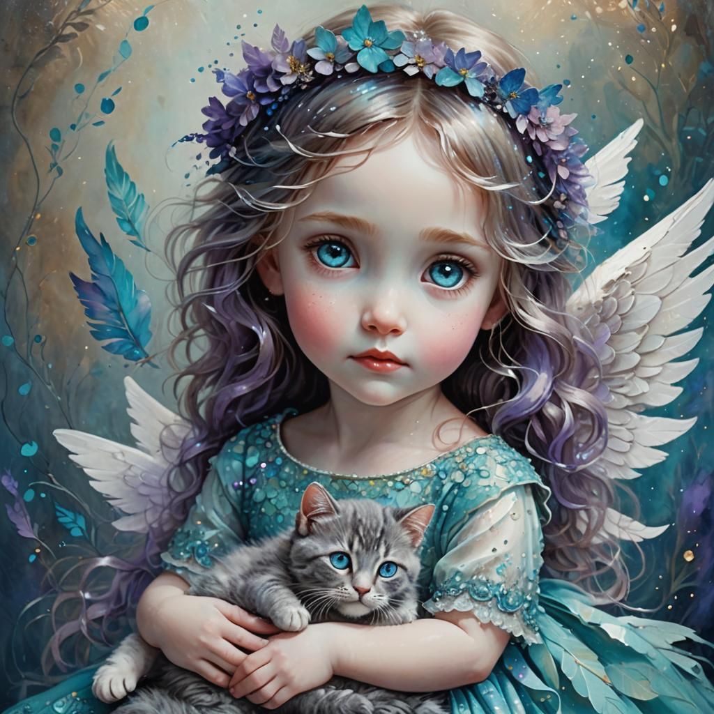 Angel with Cat: Fantasy Portrait in Vibrant Colors