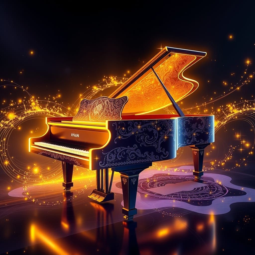 Surreal Luminous Piano in Vibrant Yellow and Starlight