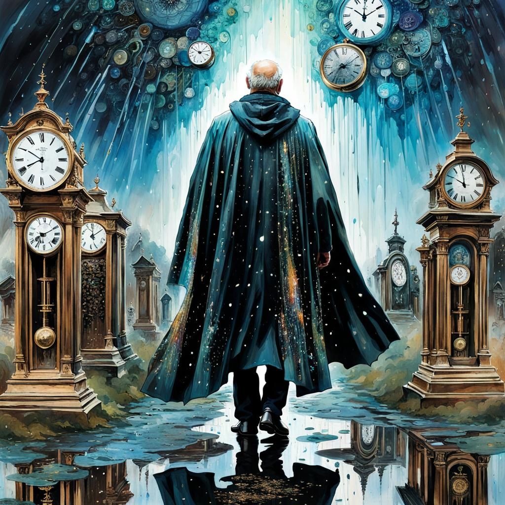 Cosmic Cape and Clocks in Cemetery Scene