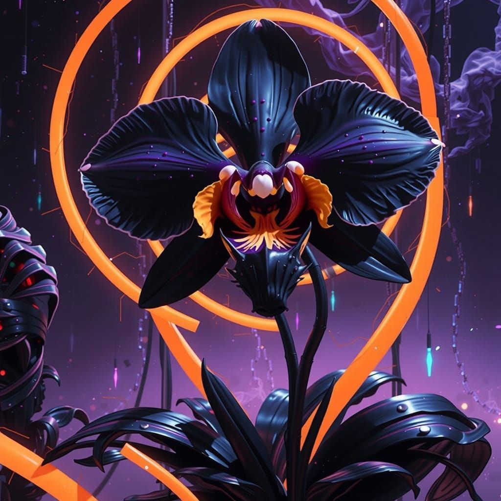 Bioluminescent Black Orchid in Neon Noir