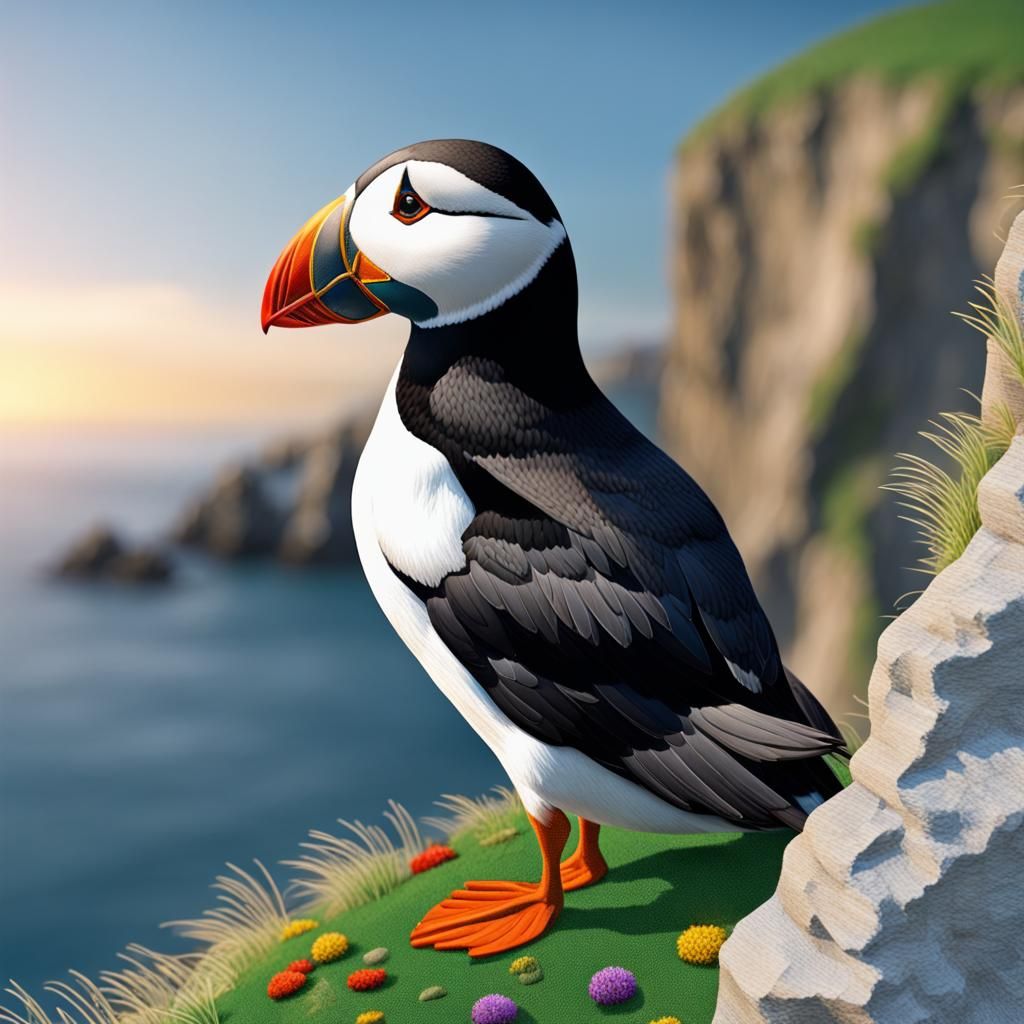 Vibrant Puffin Portrait in Needlepoint Style