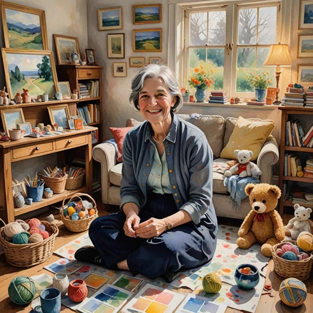 Woman Surrounded by Grandchildren in Whimsical Watercolor St...