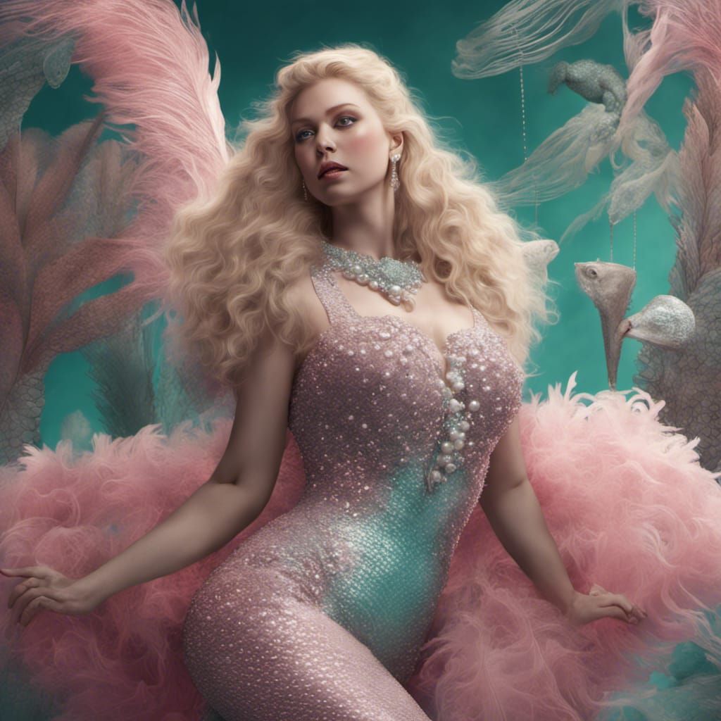 Curvaceous Pink Mermaid Adorned with Pearls and Feathers