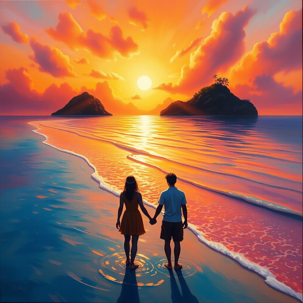 Romantic Island Sunset Oil Painting with Silhouetted Couple