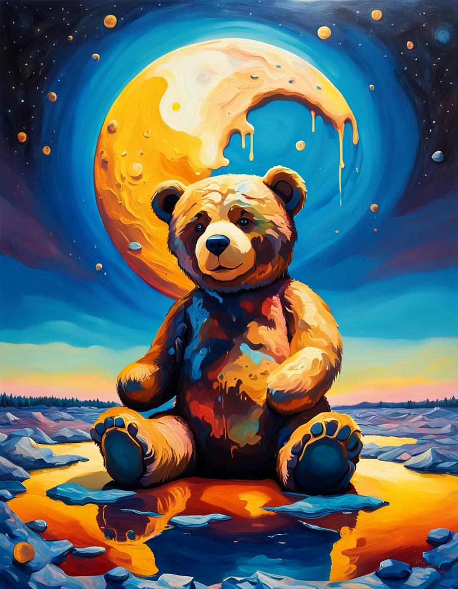 Surreal Melting Moon with Giant Teddy Bear