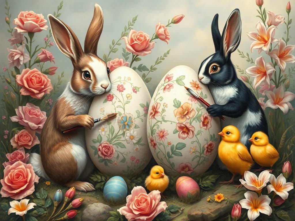 Rabbits and Chicks Painting Easter Eggs in Fairy-tale Landsc...