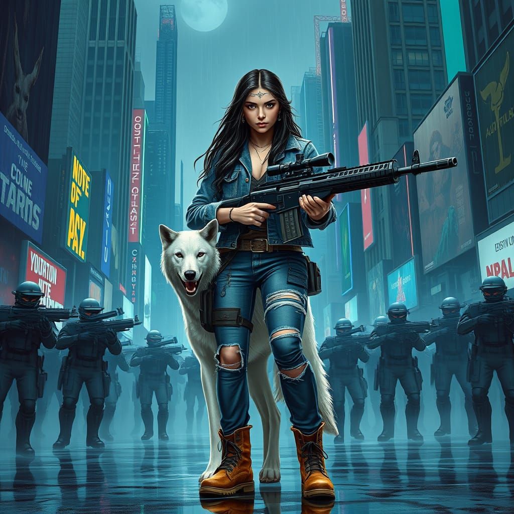 Futuristic Warrior Woman Stands Tall Amidst Cyberpunk Ruins