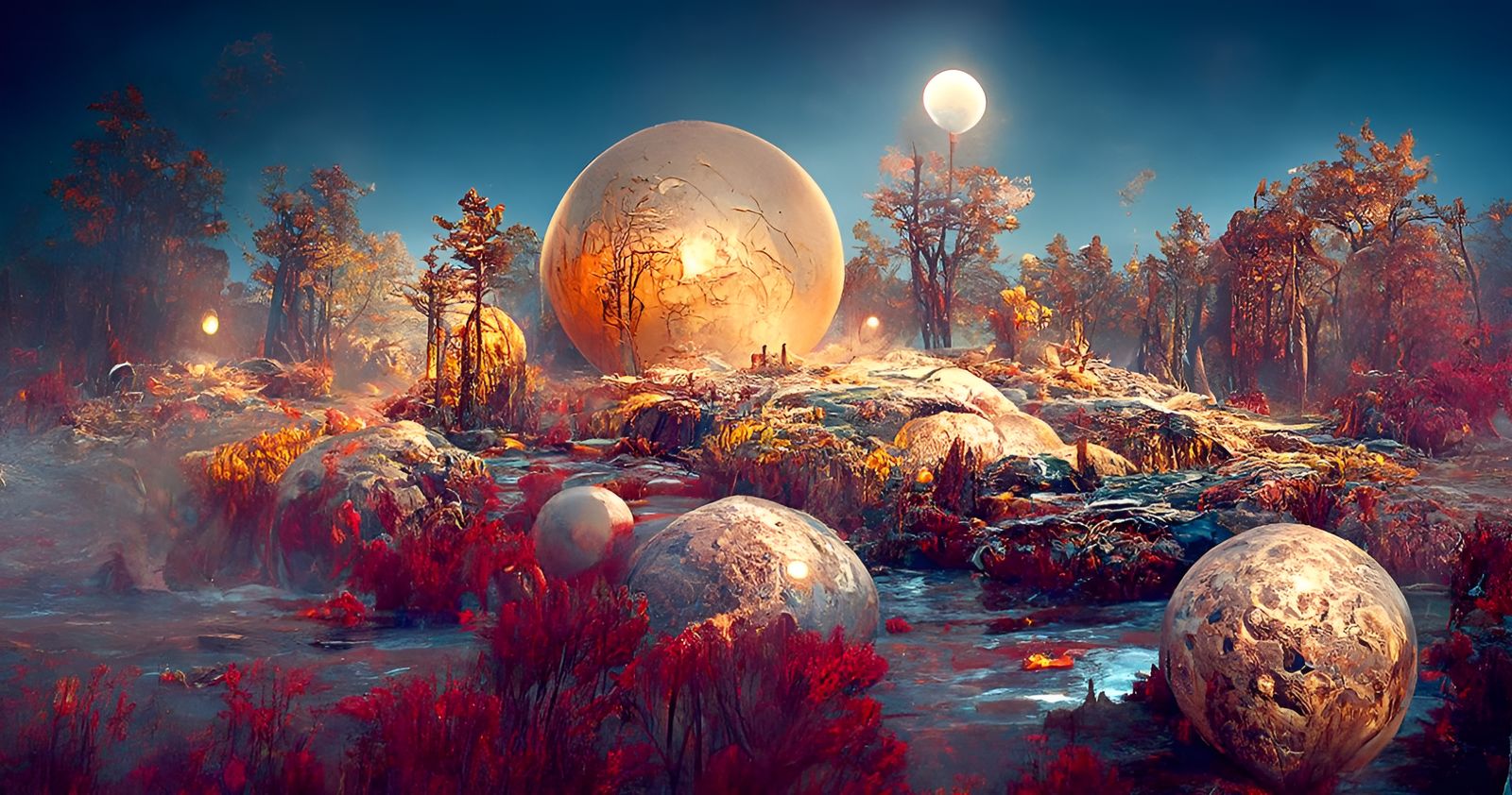 Alien Moonrise Over Forest as Surrealist Digital Art