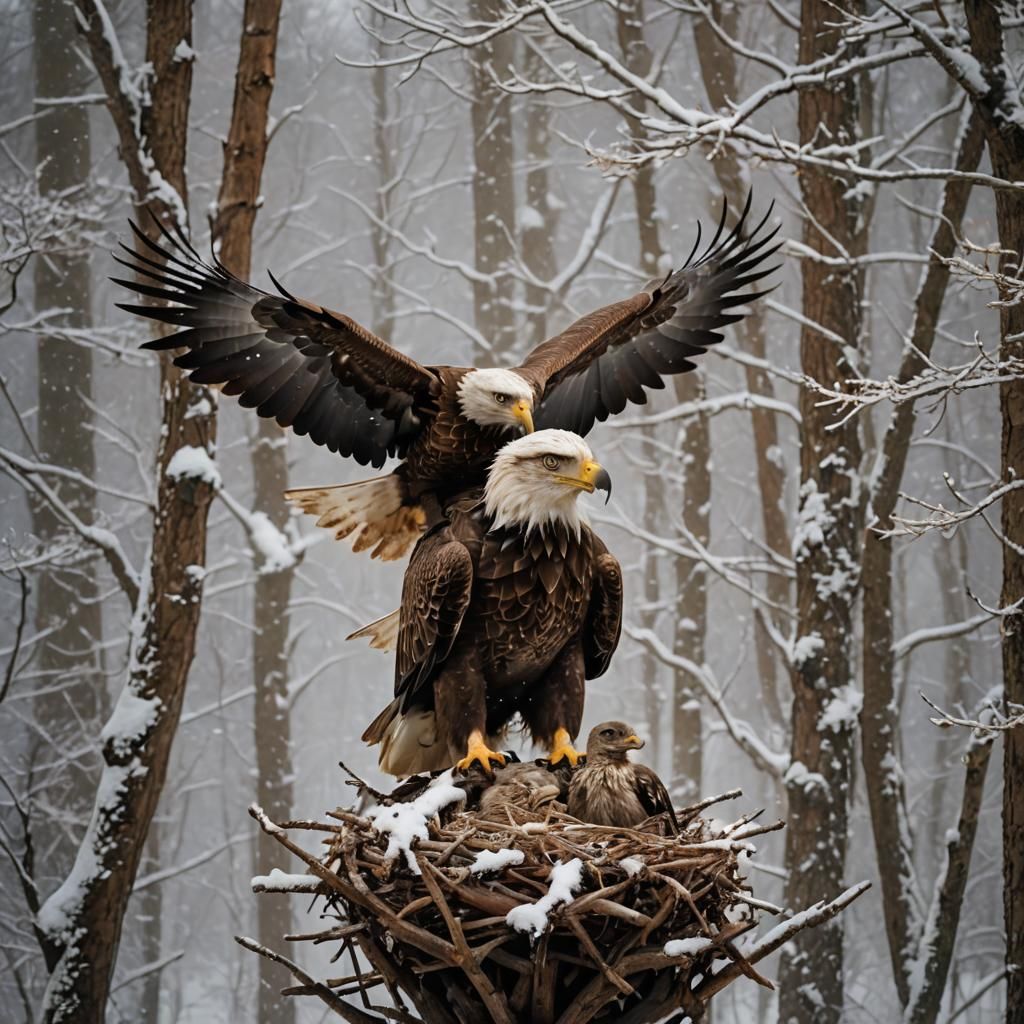 Eagle Protecting Eaglets in Snowy Nest: Cinematic Still