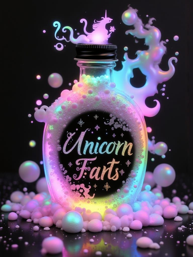 Vibrant Unicorn Farts Bottle in a Dreamlike Chalk Art Style