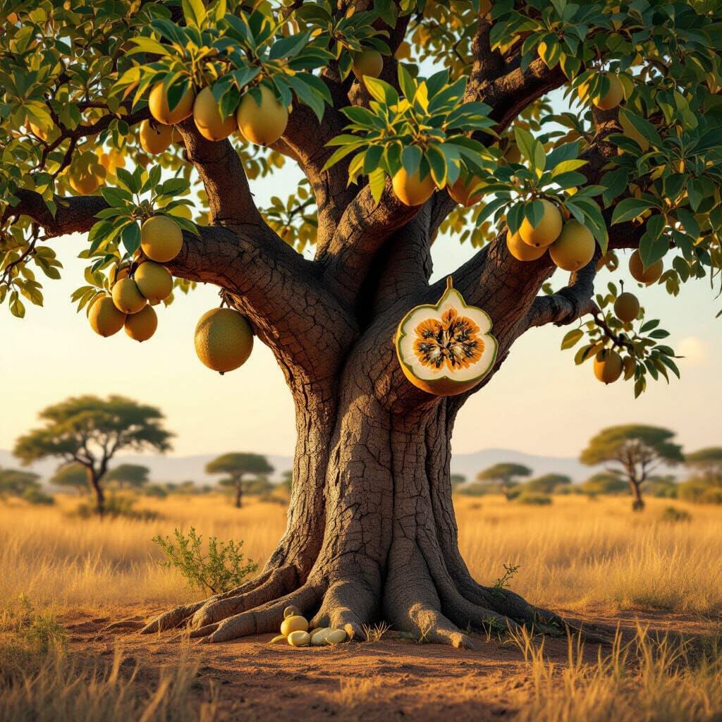 West African Baobab Tree with Bisected Fruit at Golden Hour