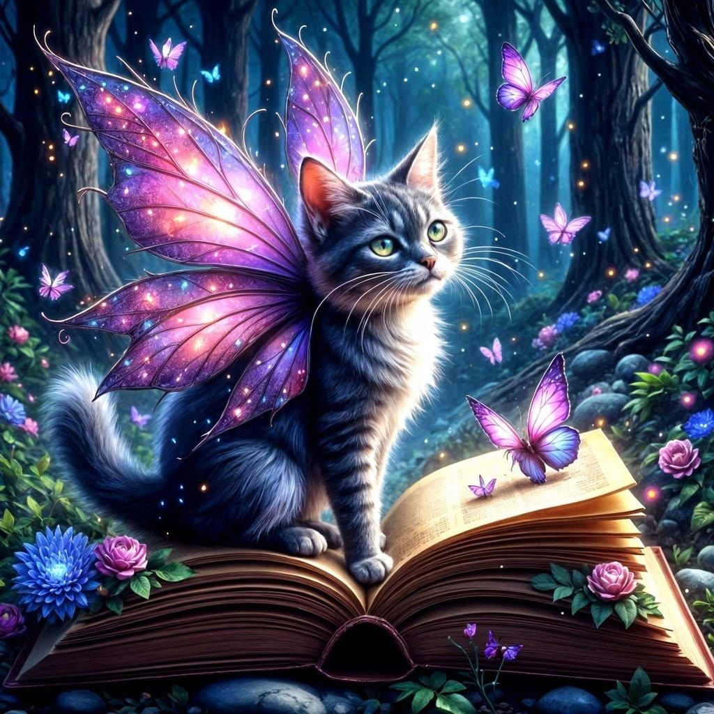 Whimsical Purple Cat Soars from Book in Forest