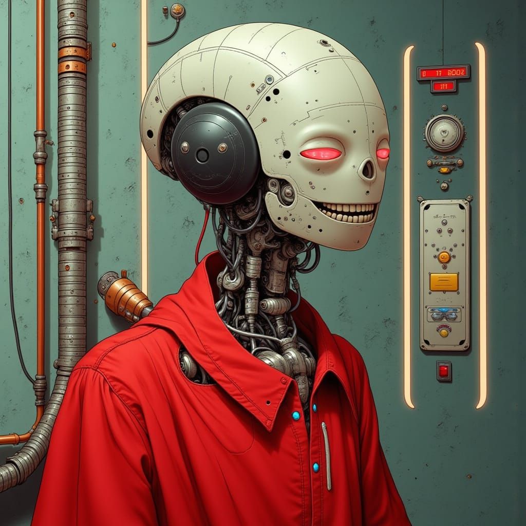 Humanoid Robot in Red and Silver: Cyberpunk Android