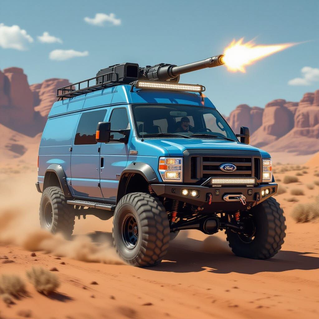 Armored Blue Ford Van Races Through Desert