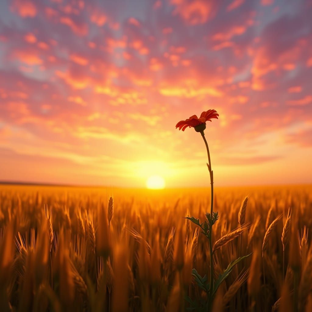 Marigold in Golden Field at Sunset as Digital Painting