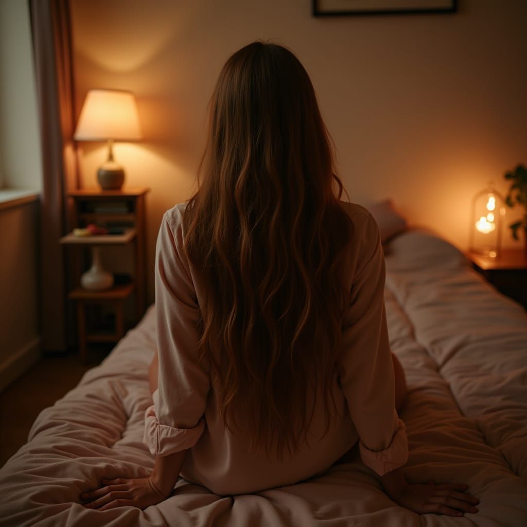 Woman with Long Brown Hair in Cozy Room