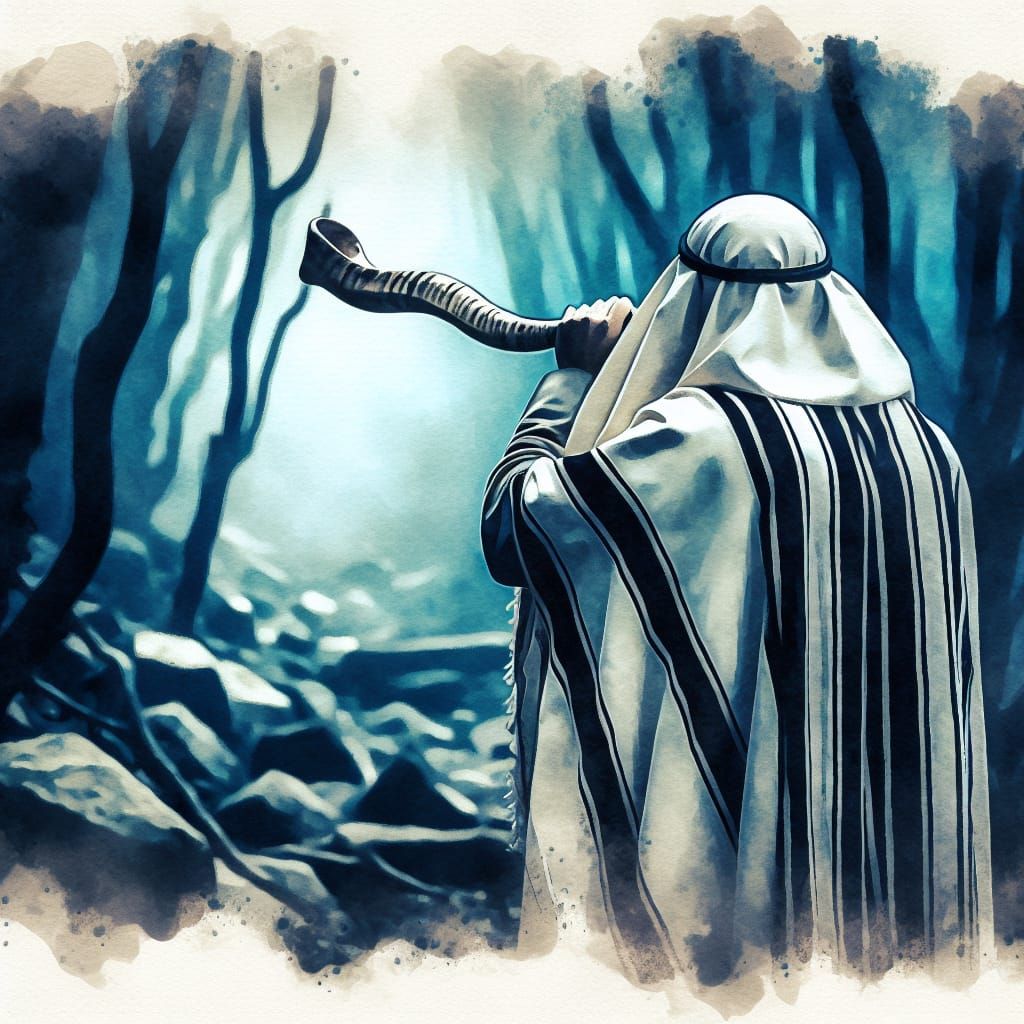 Man in Tallit Blowing Shofar, Watercolor Style