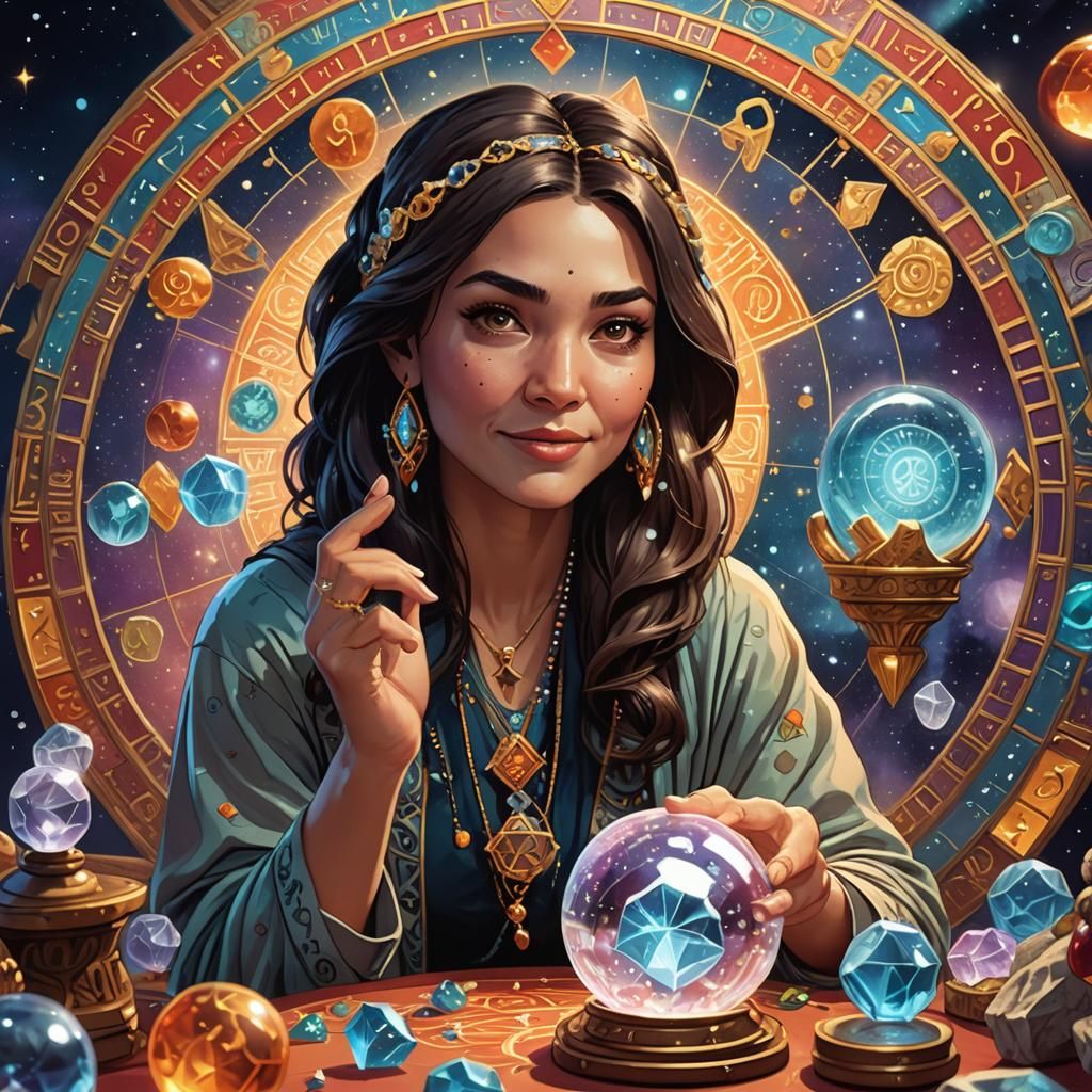 Cartoon Fortune Teller with Zodiac Signs