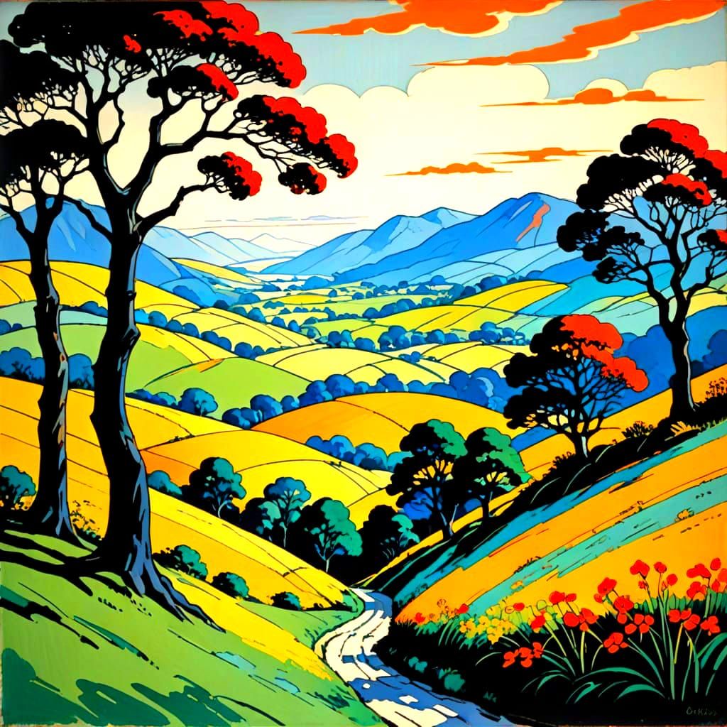 Clarice Cliff Landscape with Bold Black Outlines