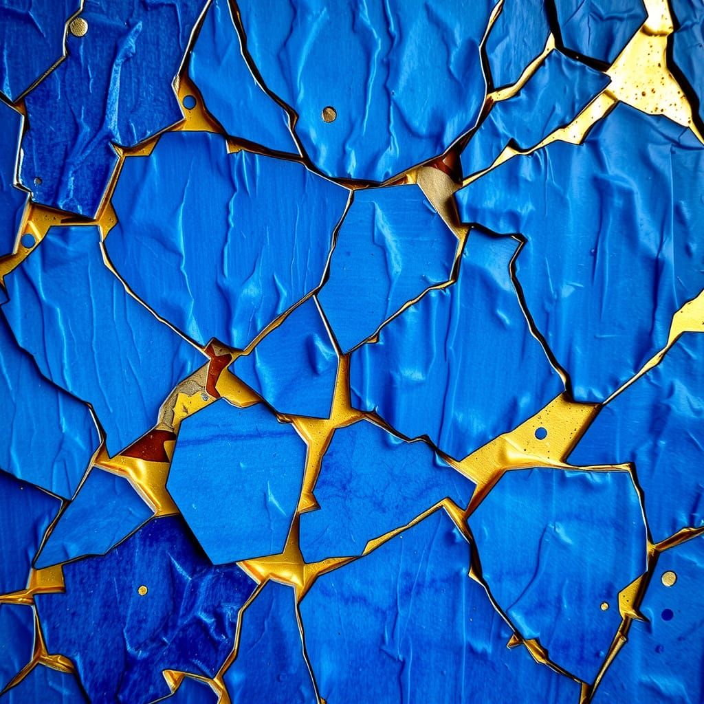 Blue Kintsugi Texture Art with Gold Highlights