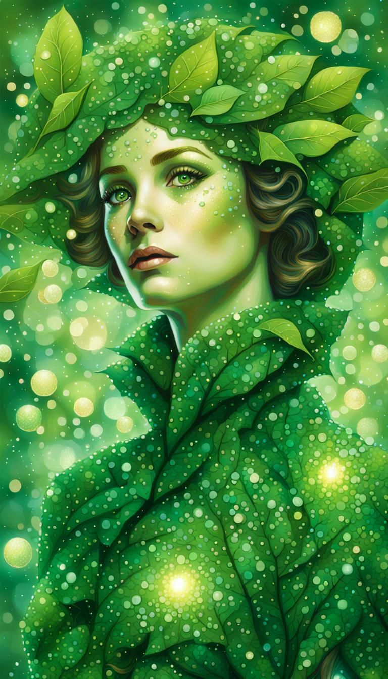 Magical Green Dryad in Pointillist Art Style