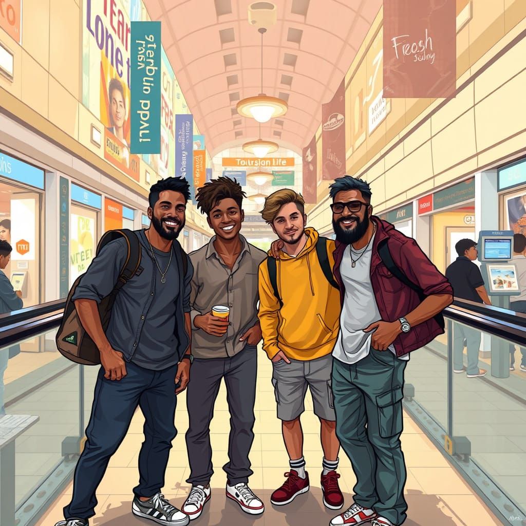 Friends Unwind at the Mall in Vibrant Artistic Style