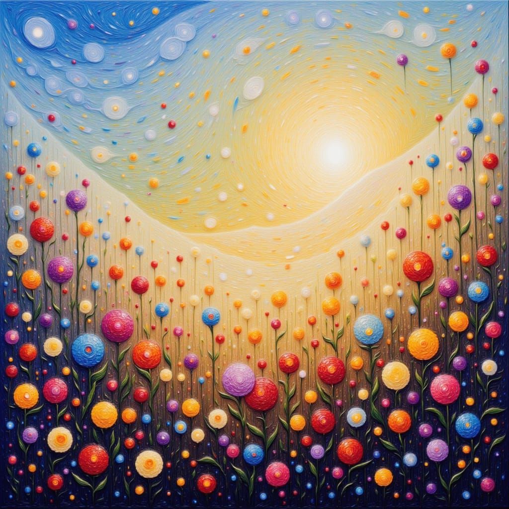 Garden with Swirling Sky, Radiant Sun, Digital Art