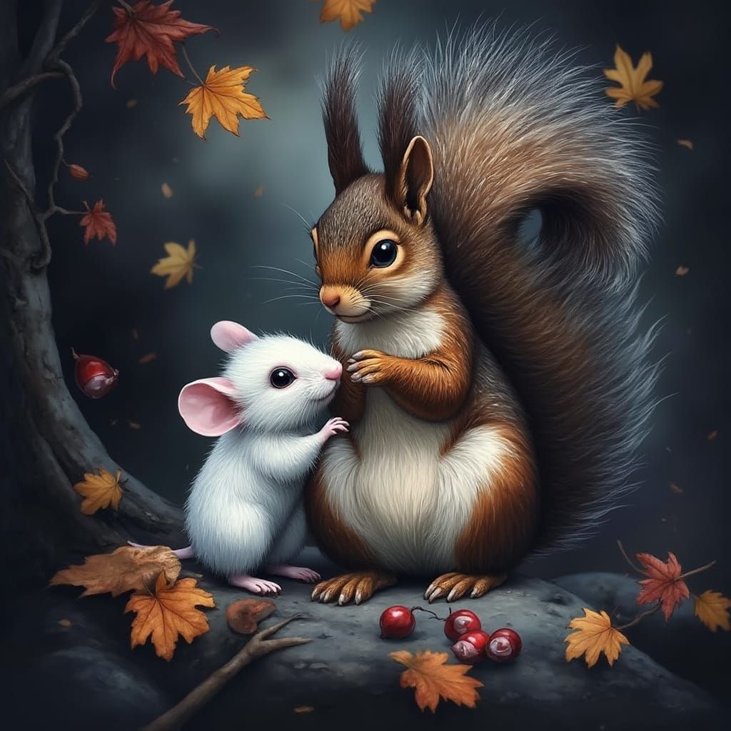Squirrel and White Mouse Friends in Autumnal Masterpiece