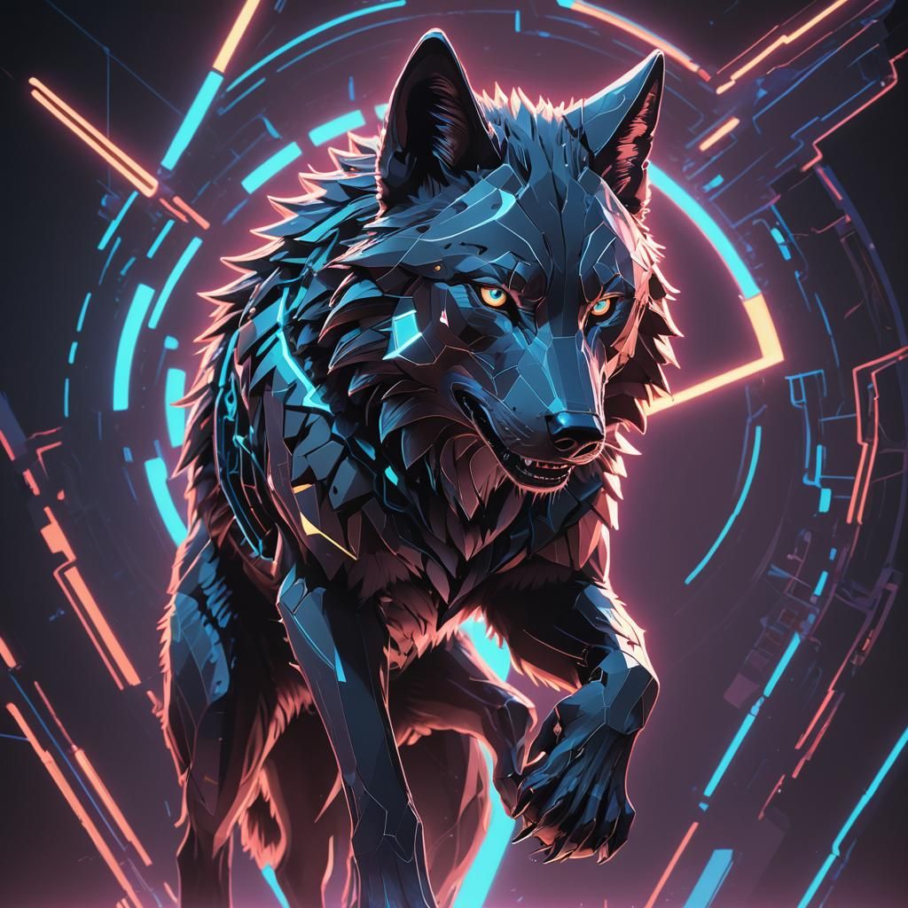 Futuristic Wolf Crest in Metallic Neon Digital Art