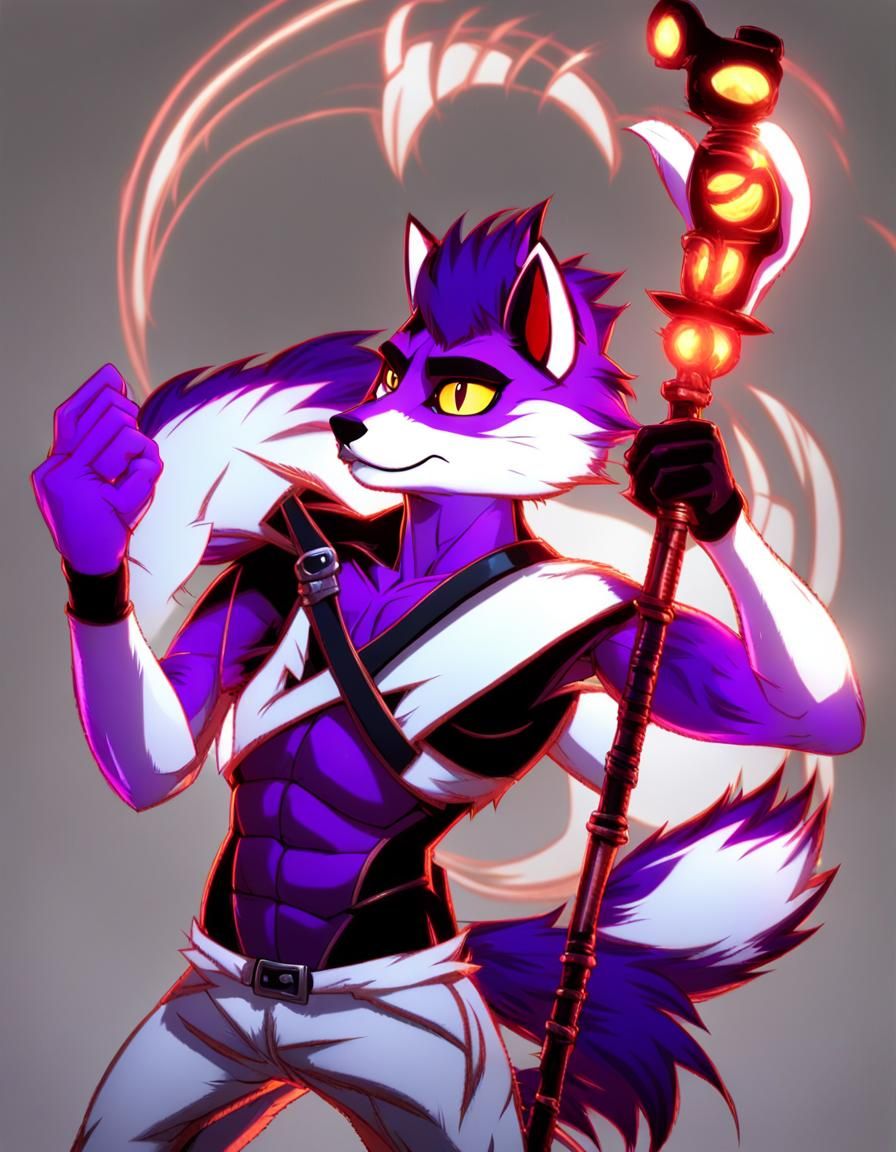 Muscular Anthro Fox with Glowing Scythe in Anime Style
