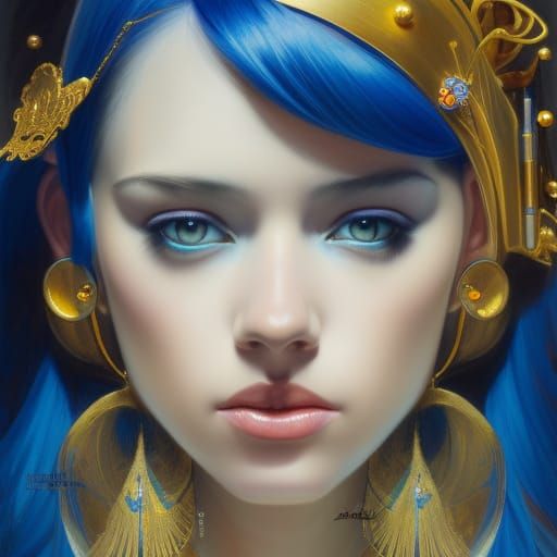 Young Woman with Blue Hair in Wax Crayon Art