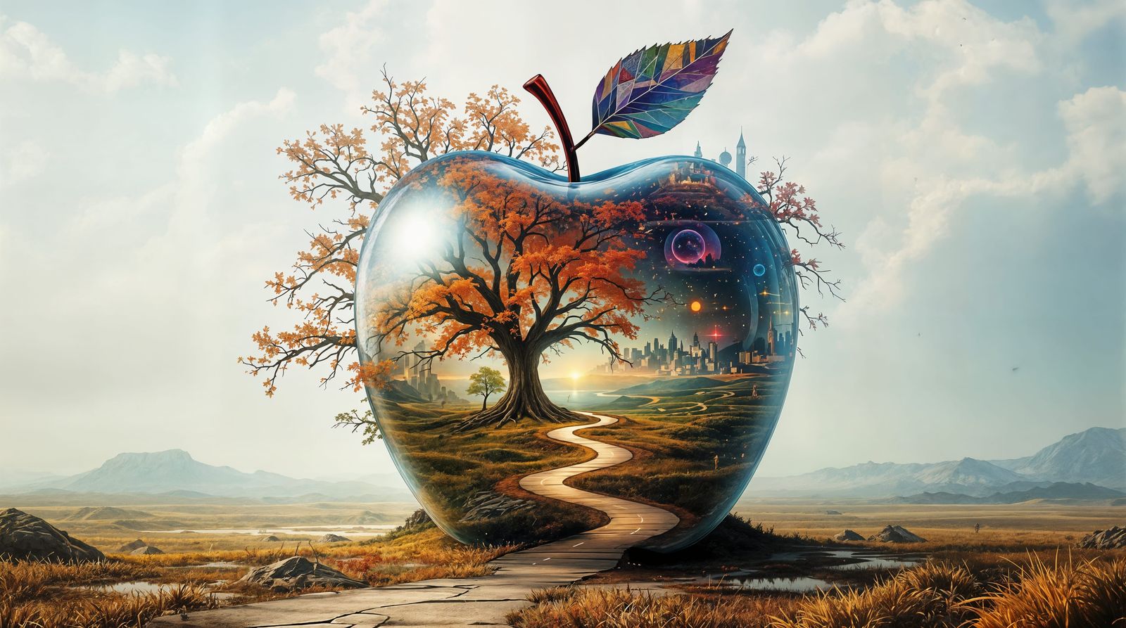 Surreal Cosmic Realms in a Glass Apple