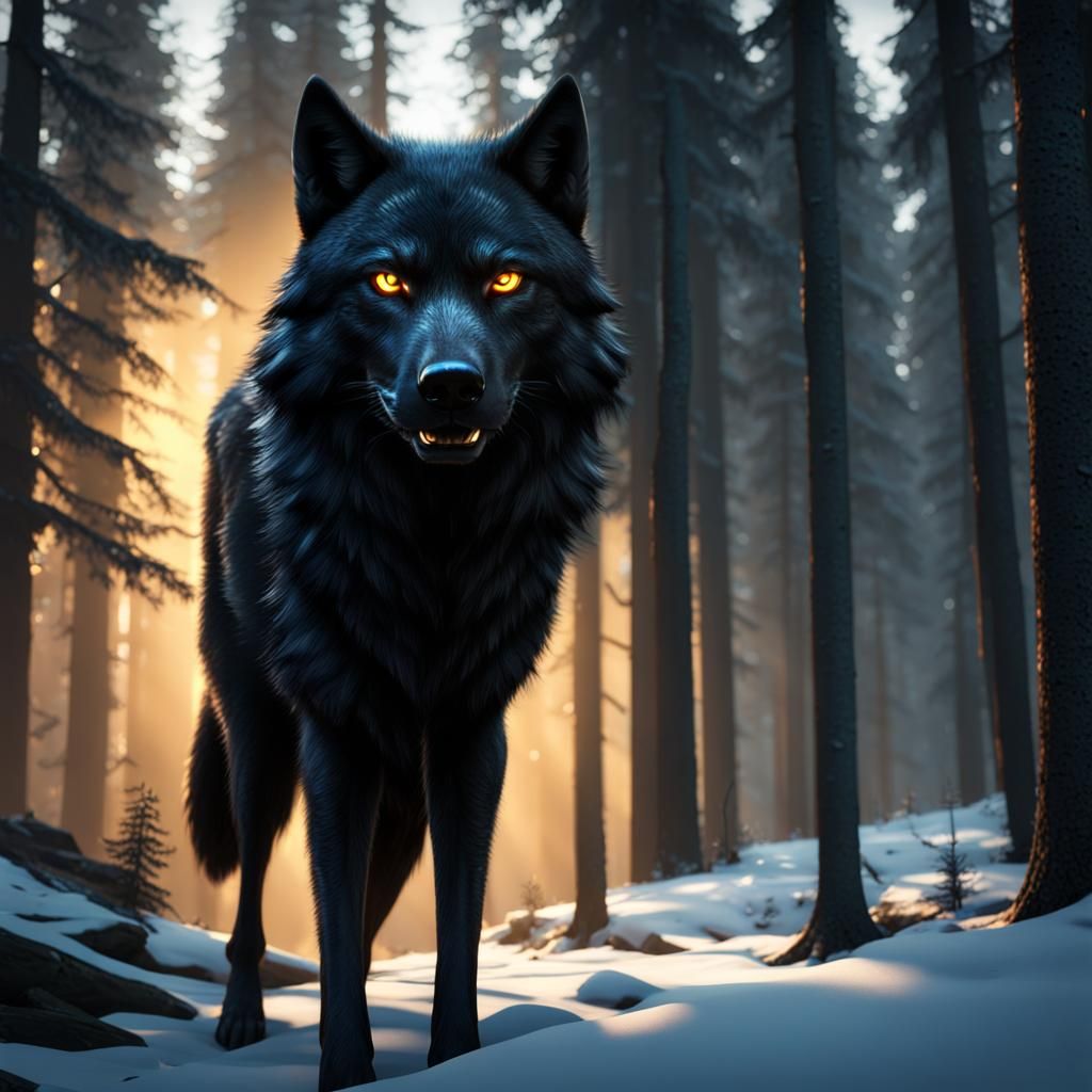 Black Wolf with Glowing Eyes in Forest, 3D Render