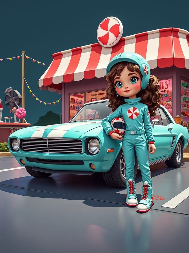 Whimsical Female Race Car Driver in Peppermint Fantasy Land