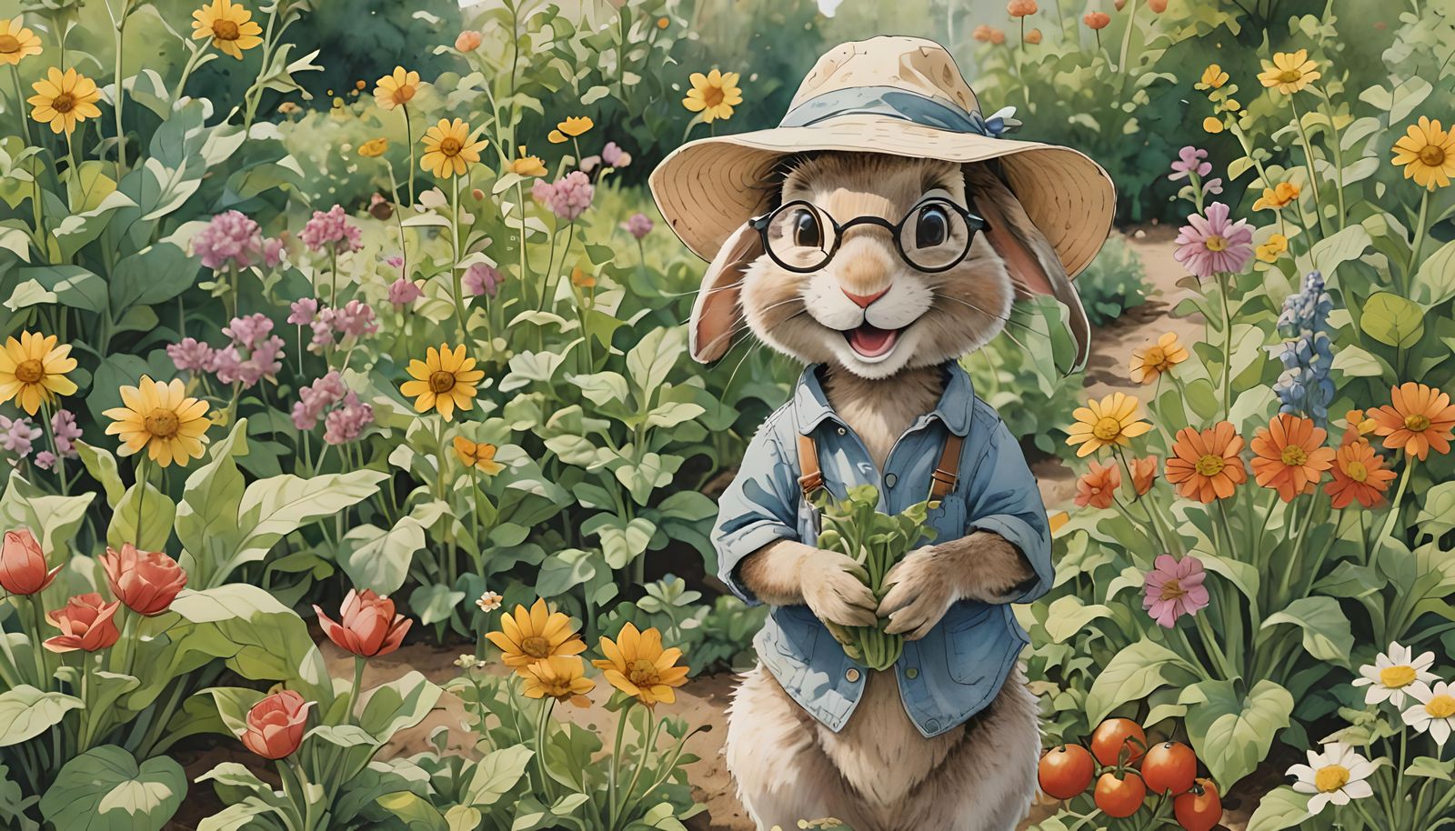 Rabbit Gardener in Children's Book Illustration Style