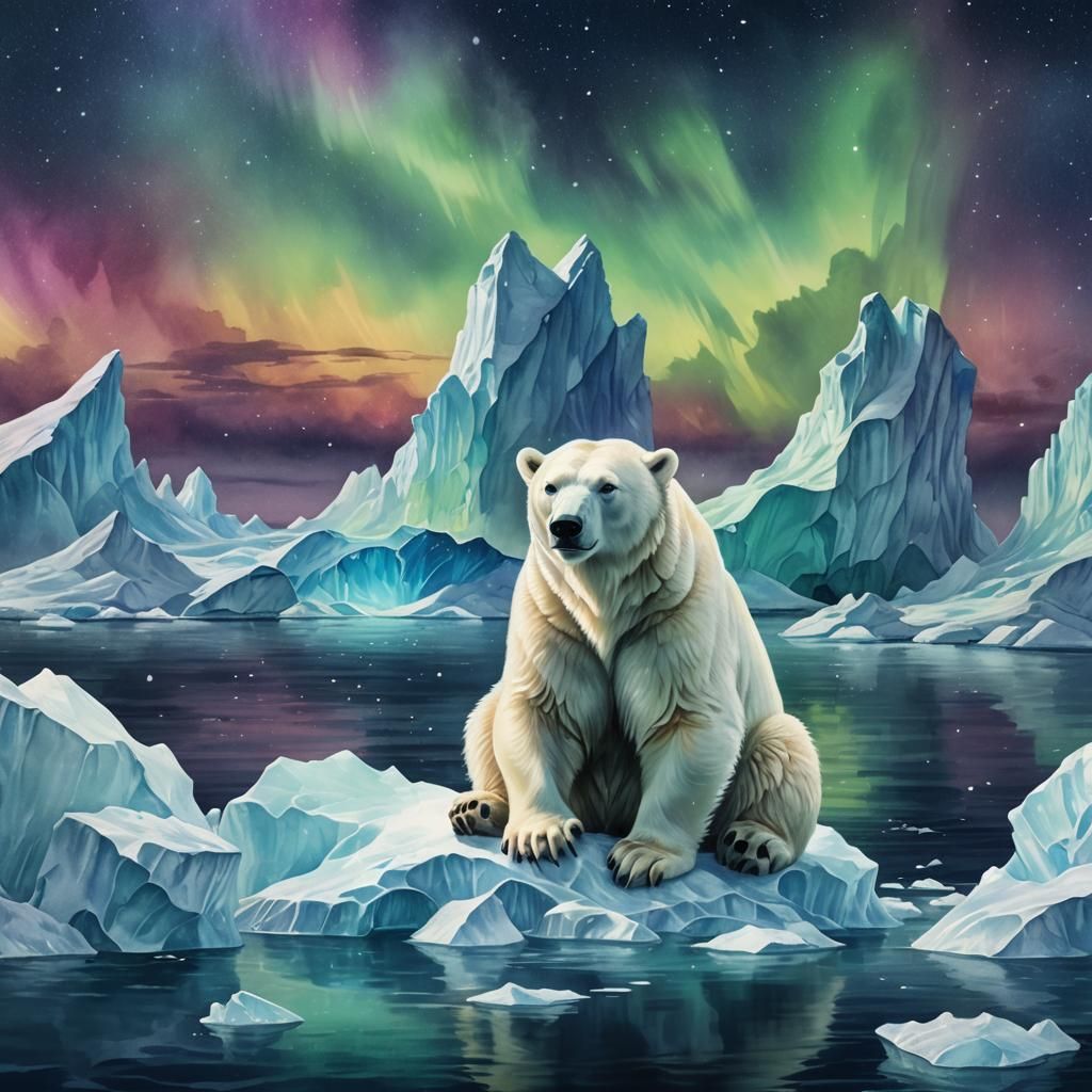 Watercolor Polar Bear Under Aurora Borealis