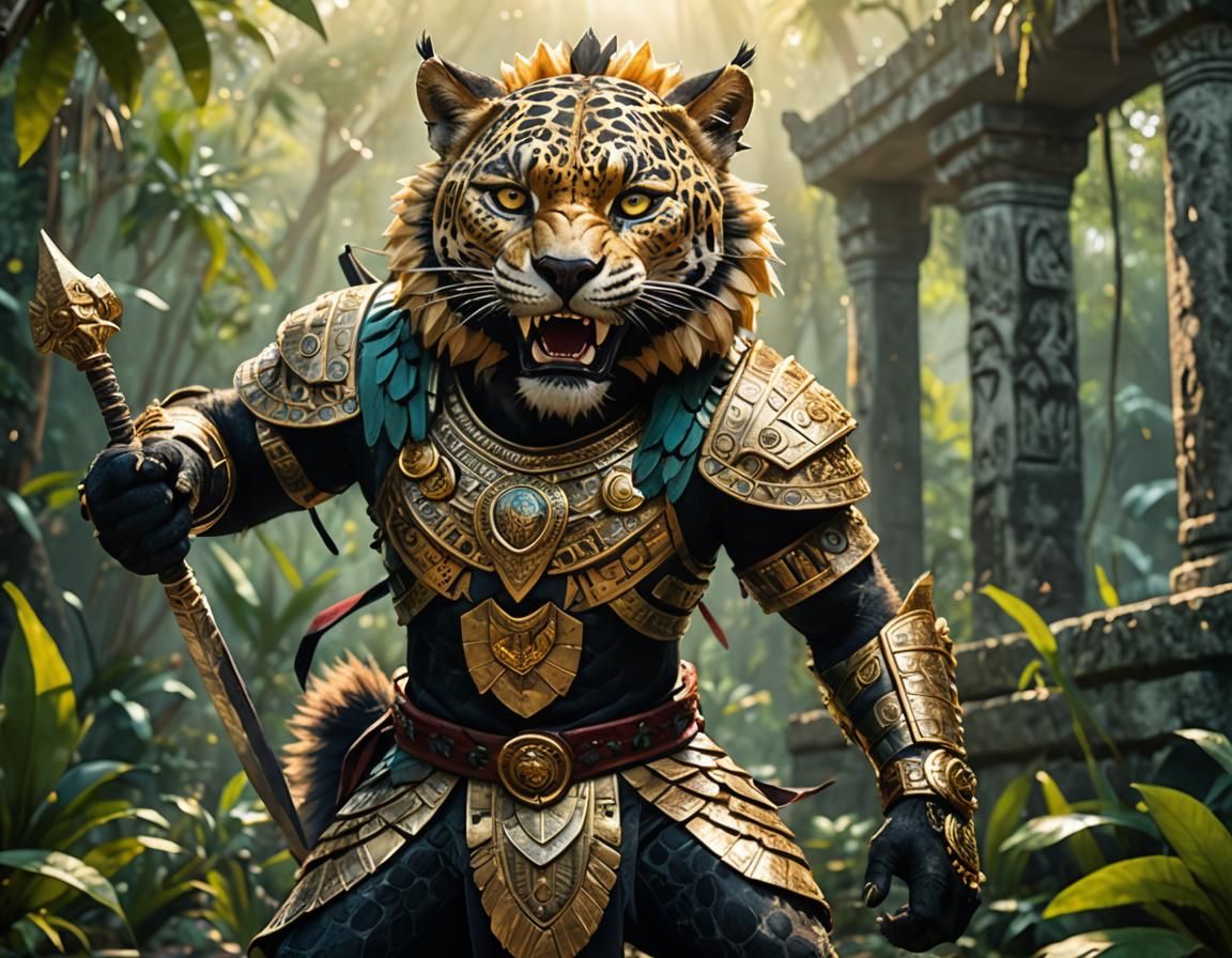 Mayan Catfolk Warrior in Jungle with Volumetric Lighting