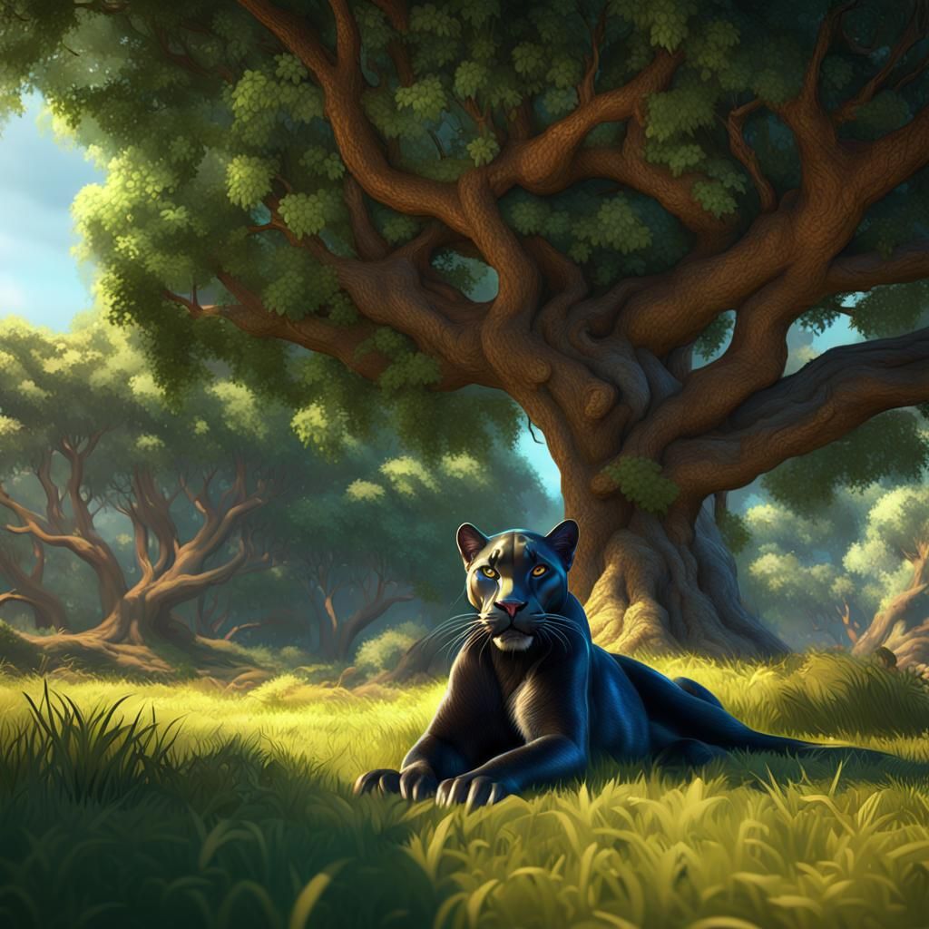 Panther Resting Under Shady Tree: 3D Digital Art
