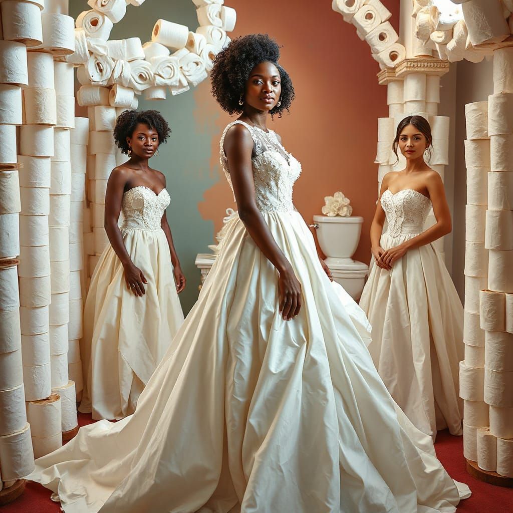 Surreal Wedding Scene with Toilet Paper Gowns in Whimsical S...