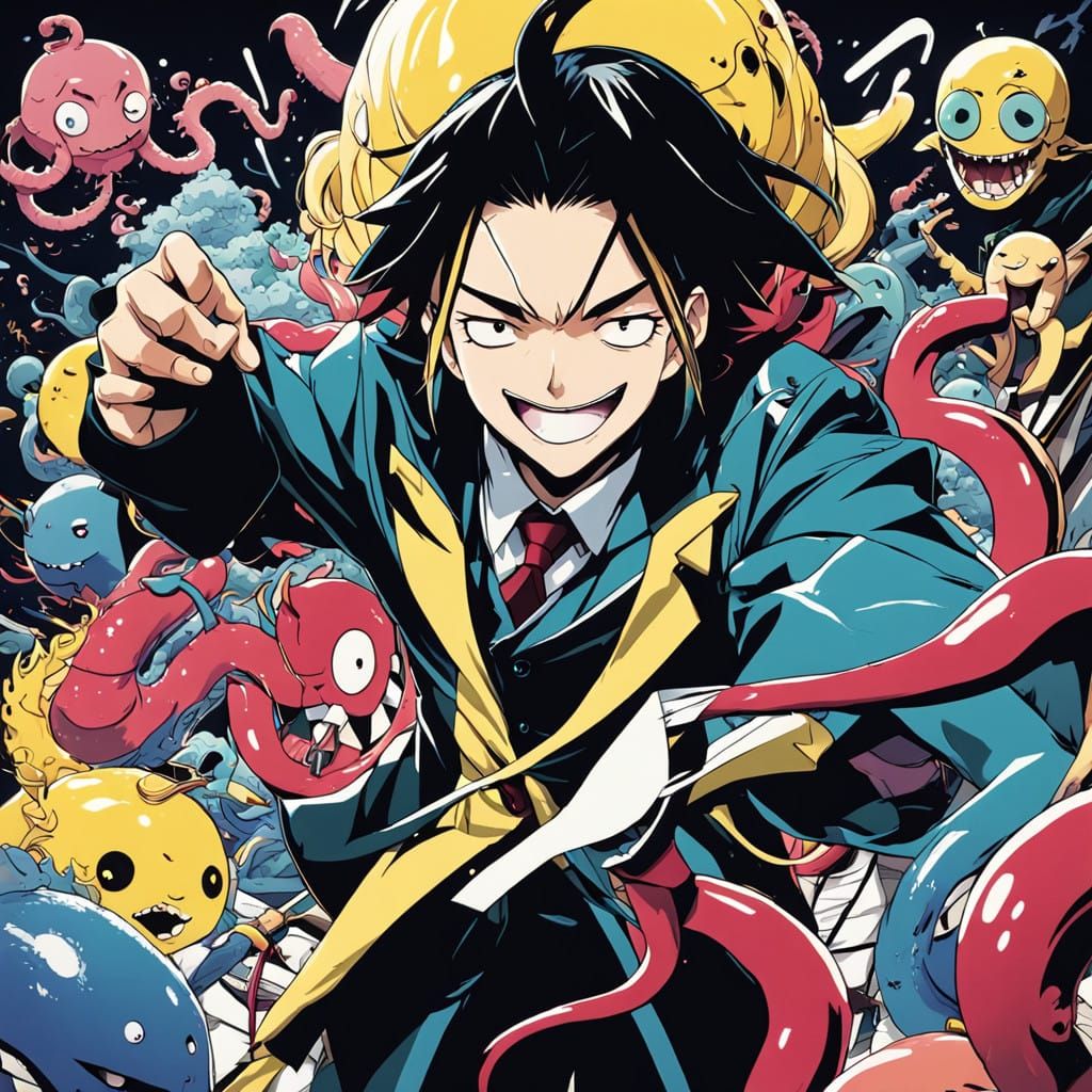 Korosensei Writes on the Blackboard in a Whimsical High Scho...