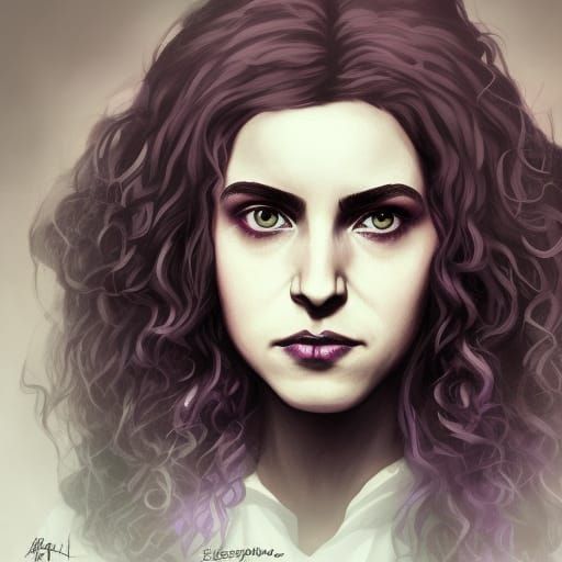 Gothic Hermione Granger from Harry Potter& curly hair& Brown eyes& purple eyeshadow& purple eyeliner& Black lipstick& He...