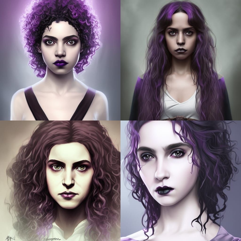 Gothic Hermione Granger from Harry Potter& curly hair& Brown eyes& purple eyeshadow& purple eyeliner& Black lipstick& He...