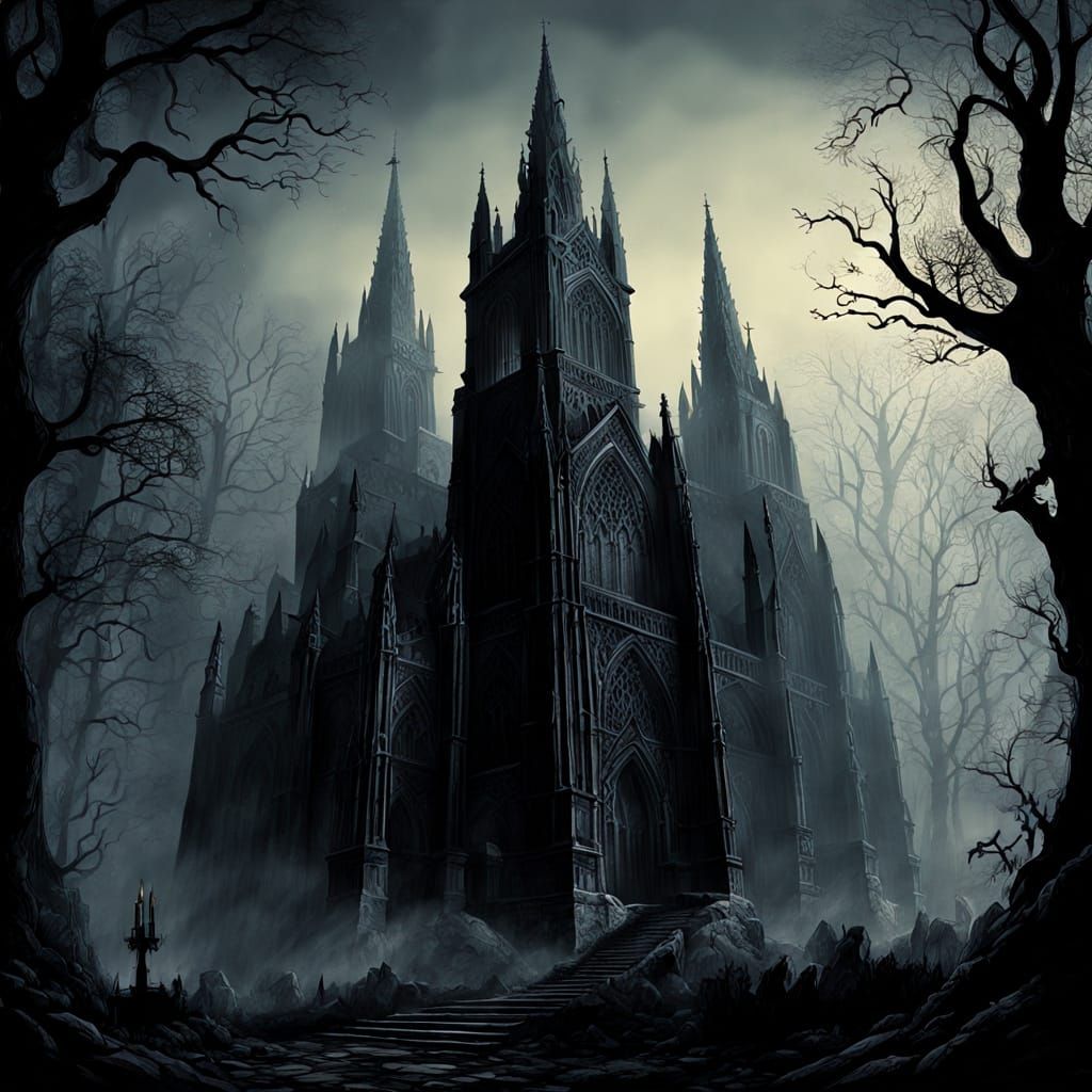 Gothic Cathedral in Mist: A Dark Fantasy Illustration
